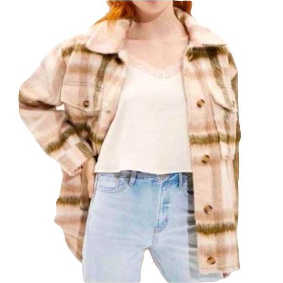 American Eagle Brushed Check Plaid Fuzzy Jacket Size S